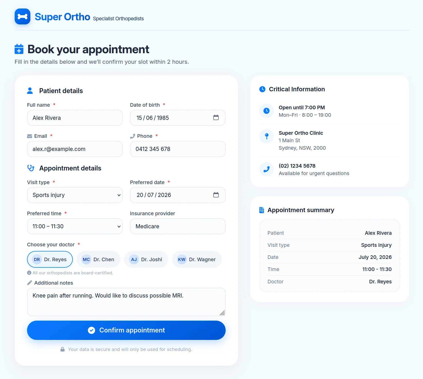 Example Booking System Dashboard